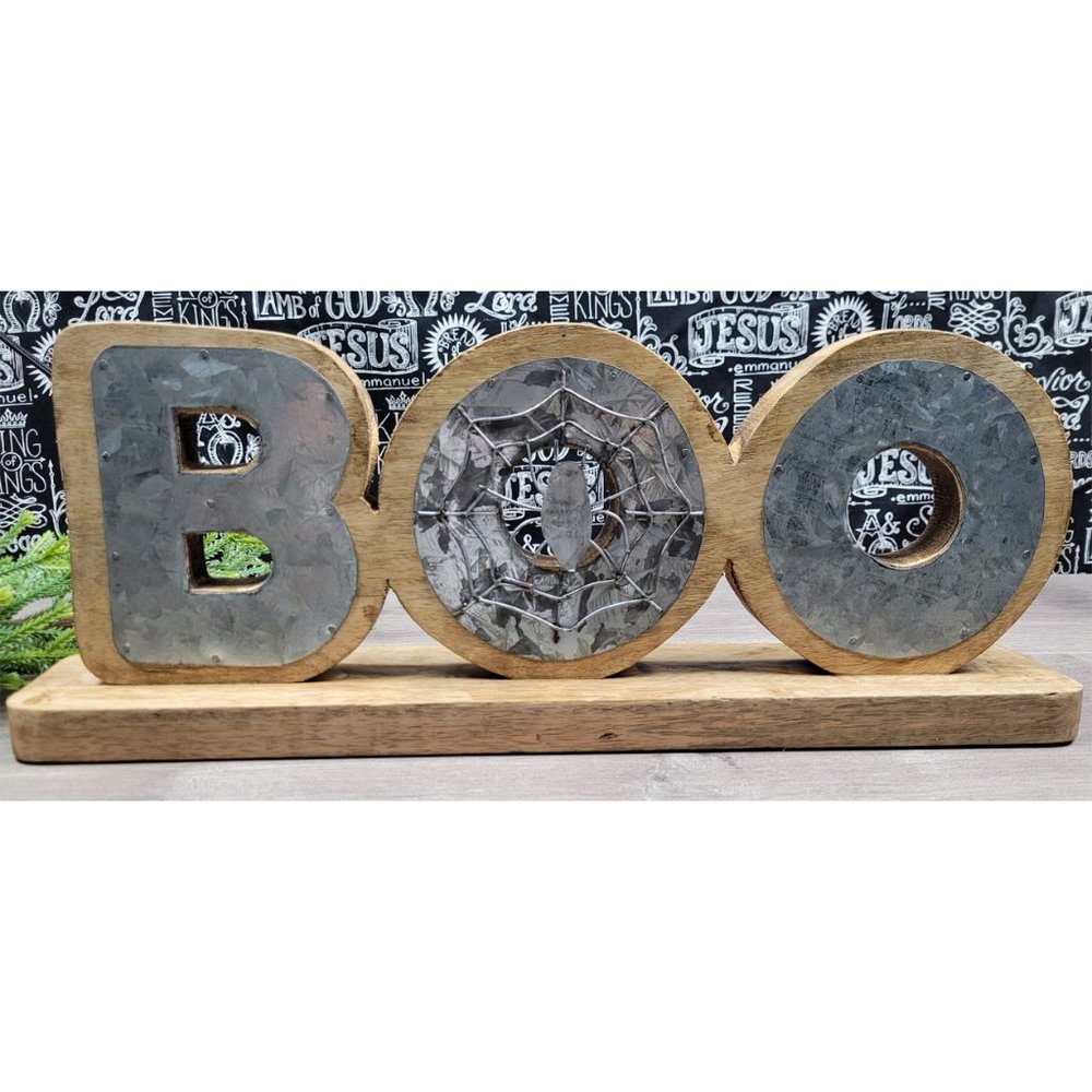 Halloween Wood Boo Tabletop Sign Decor With Metal Spider Web Farmhouse - Picture 1 of 12